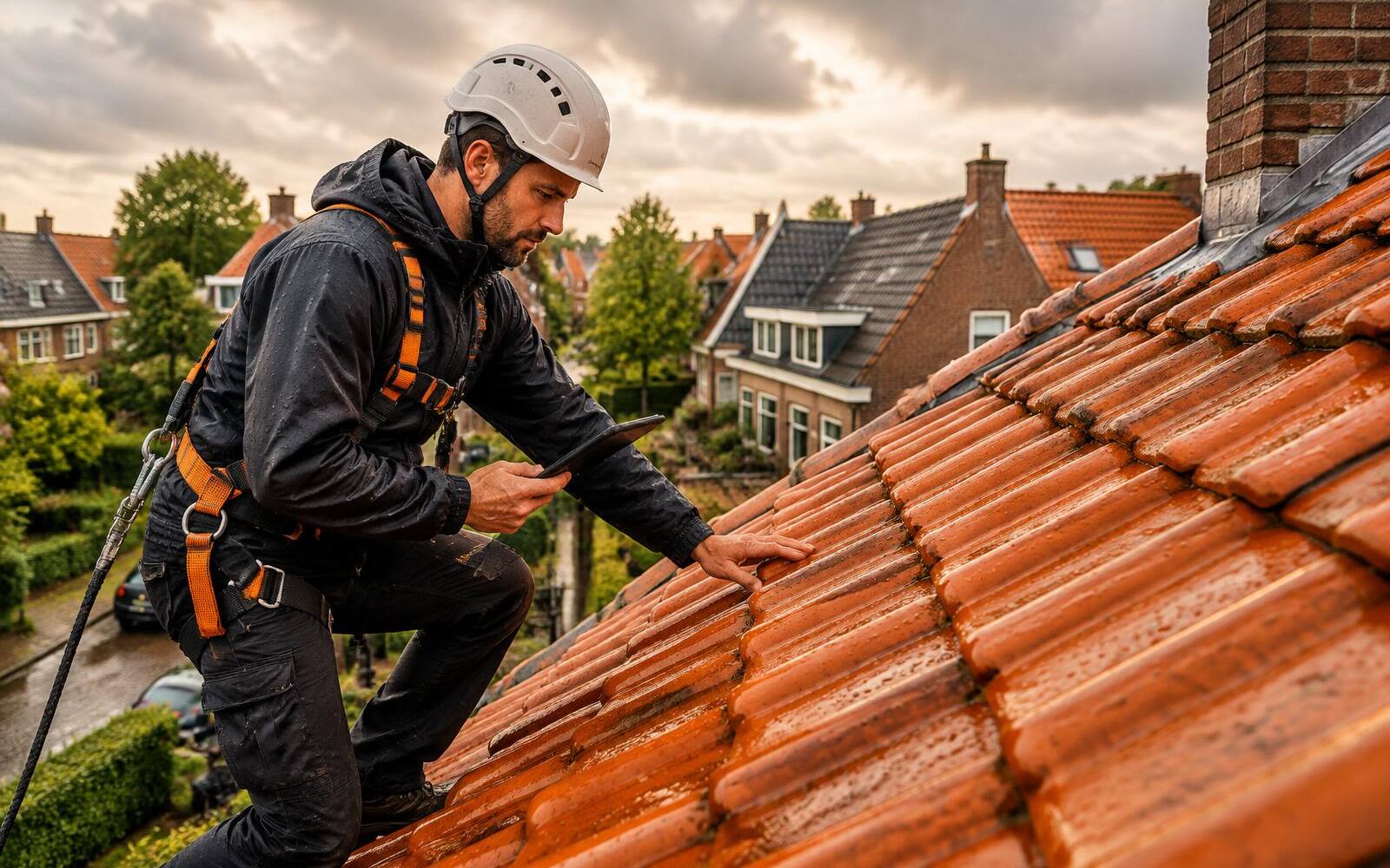 Dakdekker inspecteert een nat pannendak na regen