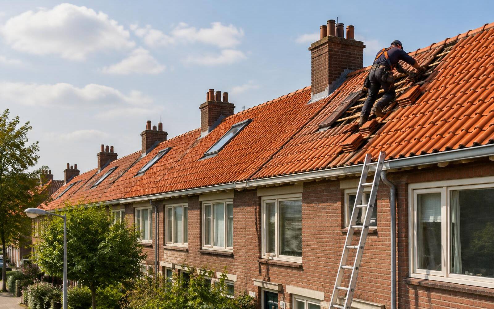 Dakdekker aan het werk op een rij rijtjeshuizen met oranjerode dakpannen