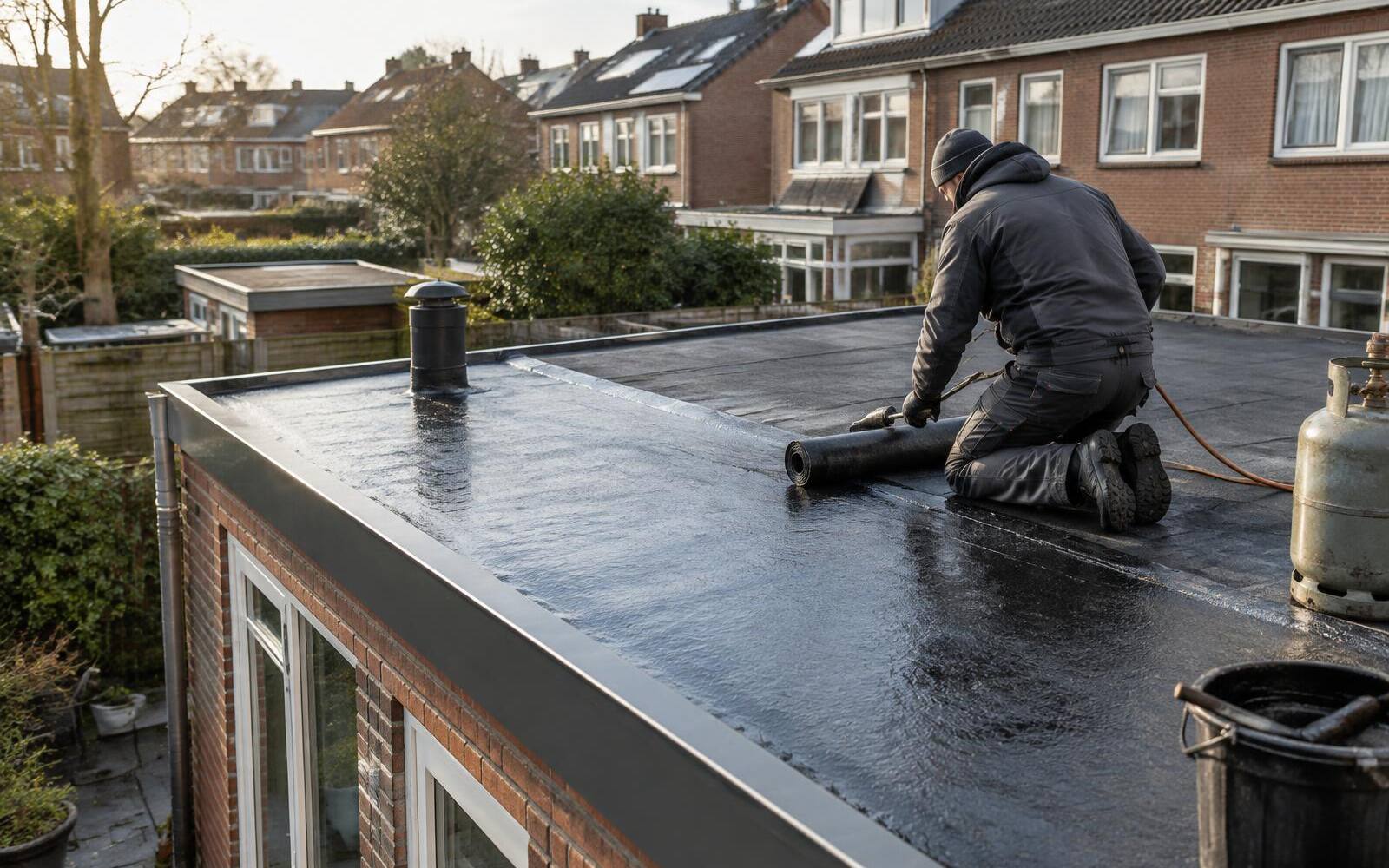 Dakdekker brengt nieuwe bitumen aan op het platte dak van een aanbouw