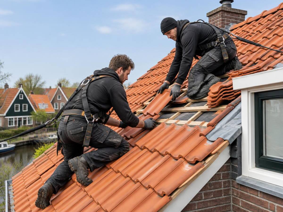 Twee dakdekkers met valbeveiliging aan het werk op een pannendak