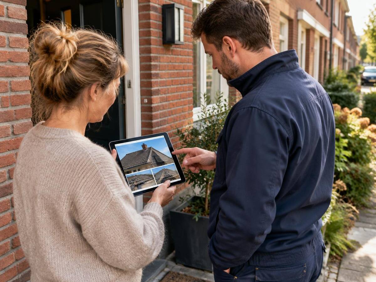 Dakdekker laat een huiseigenaar foto's van het dak zien op een tablet